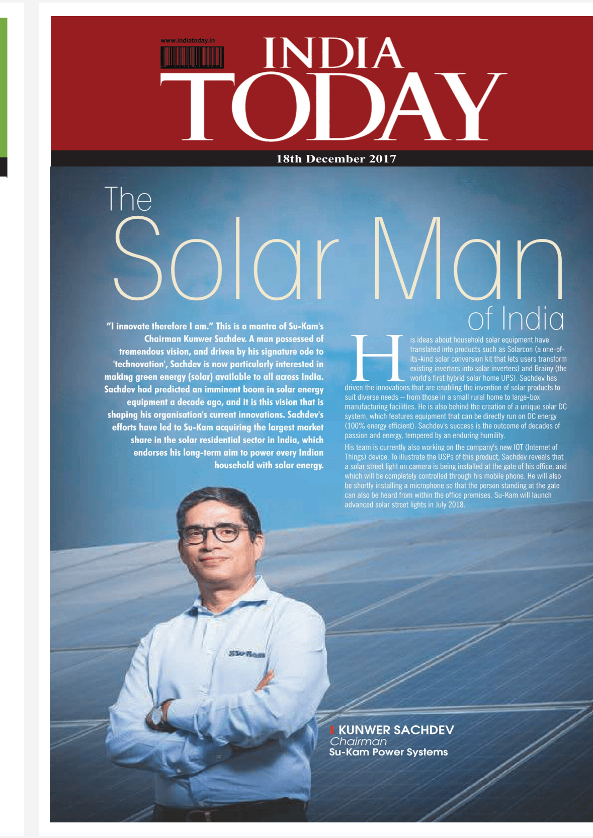 India today article declaring Solar Man of India