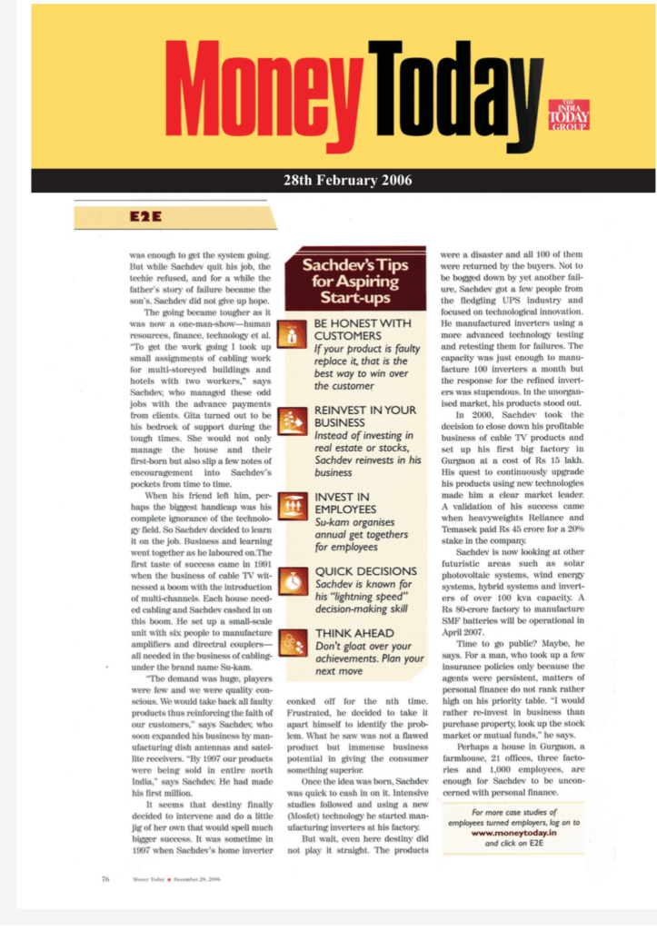 money today Mgazine article on kunwer Sachdev founder Su-kam