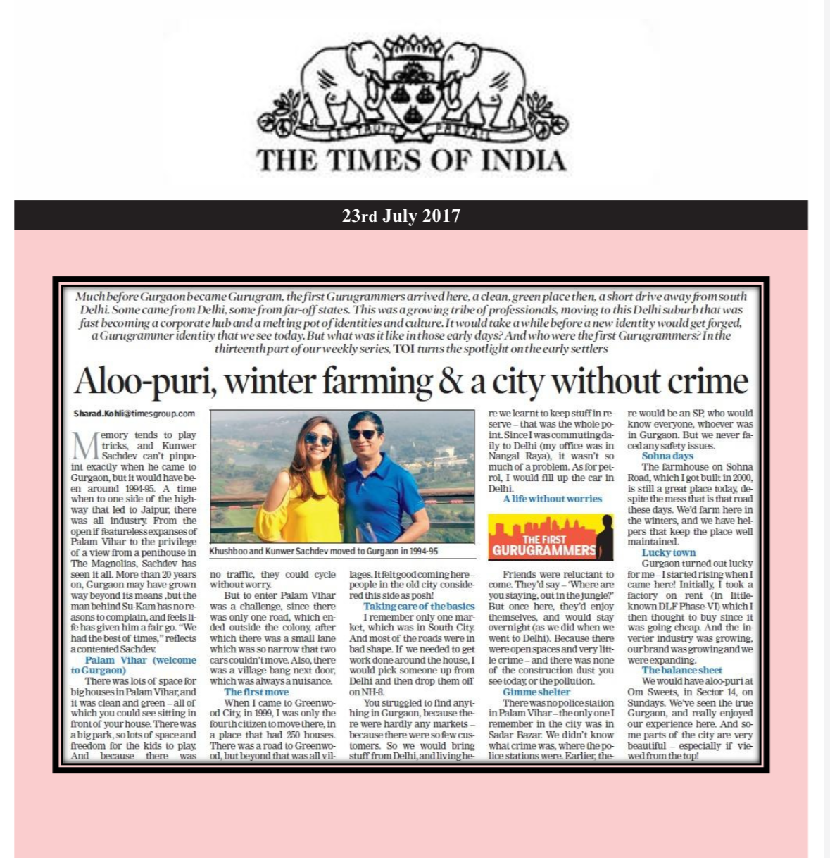 Times of India news on Kunwer Sachdev and wife Khushboo Sachdev