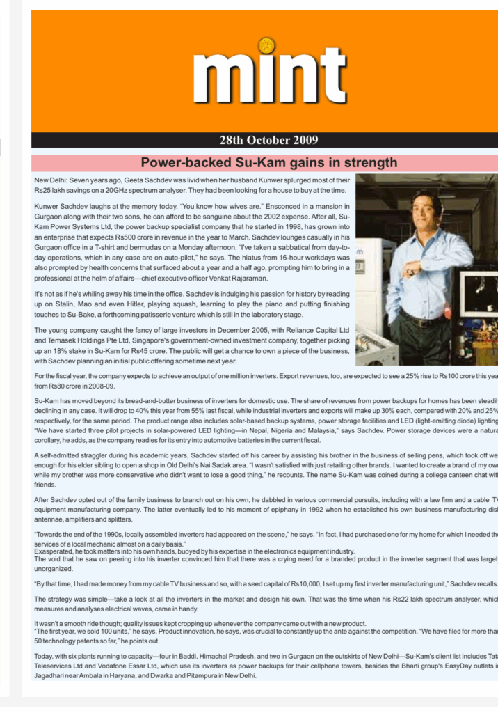 Article in Mint on Kunwer Sachdev founder Su-kam