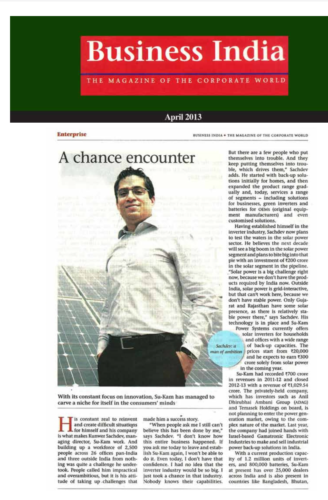 Buisness India article on Kunwer Sachdev founder Su-kam