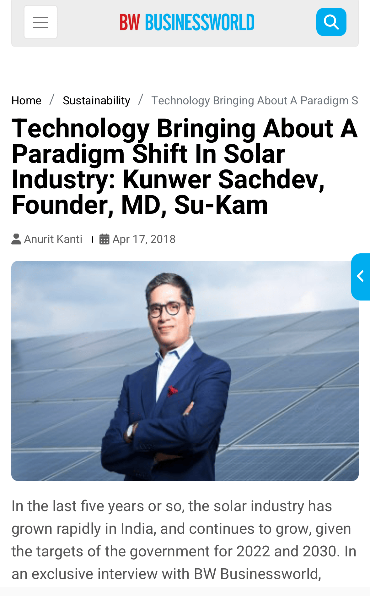Buisness world news on kunwer Sachdev founder Su-kam