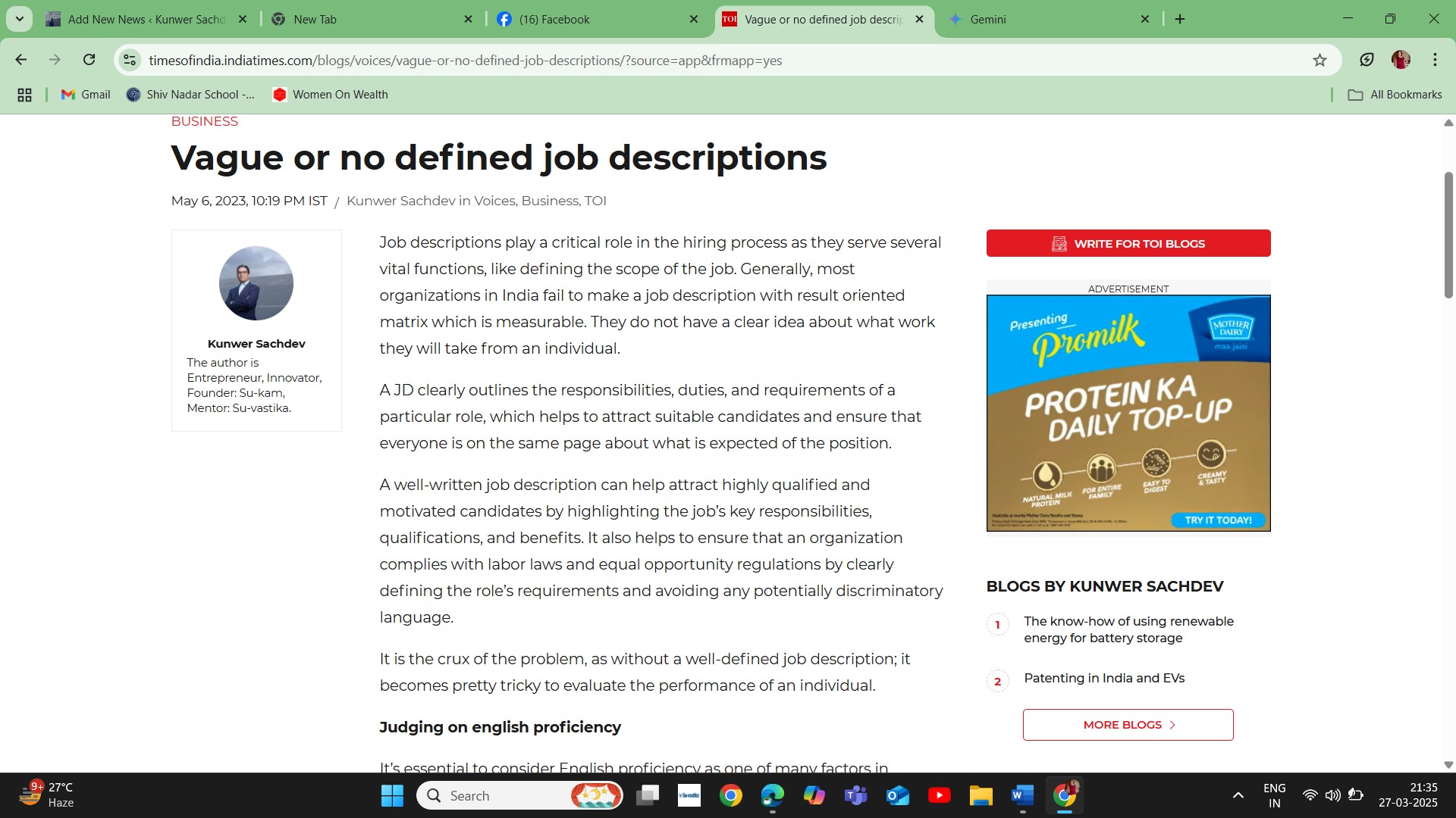 TOI blog job description