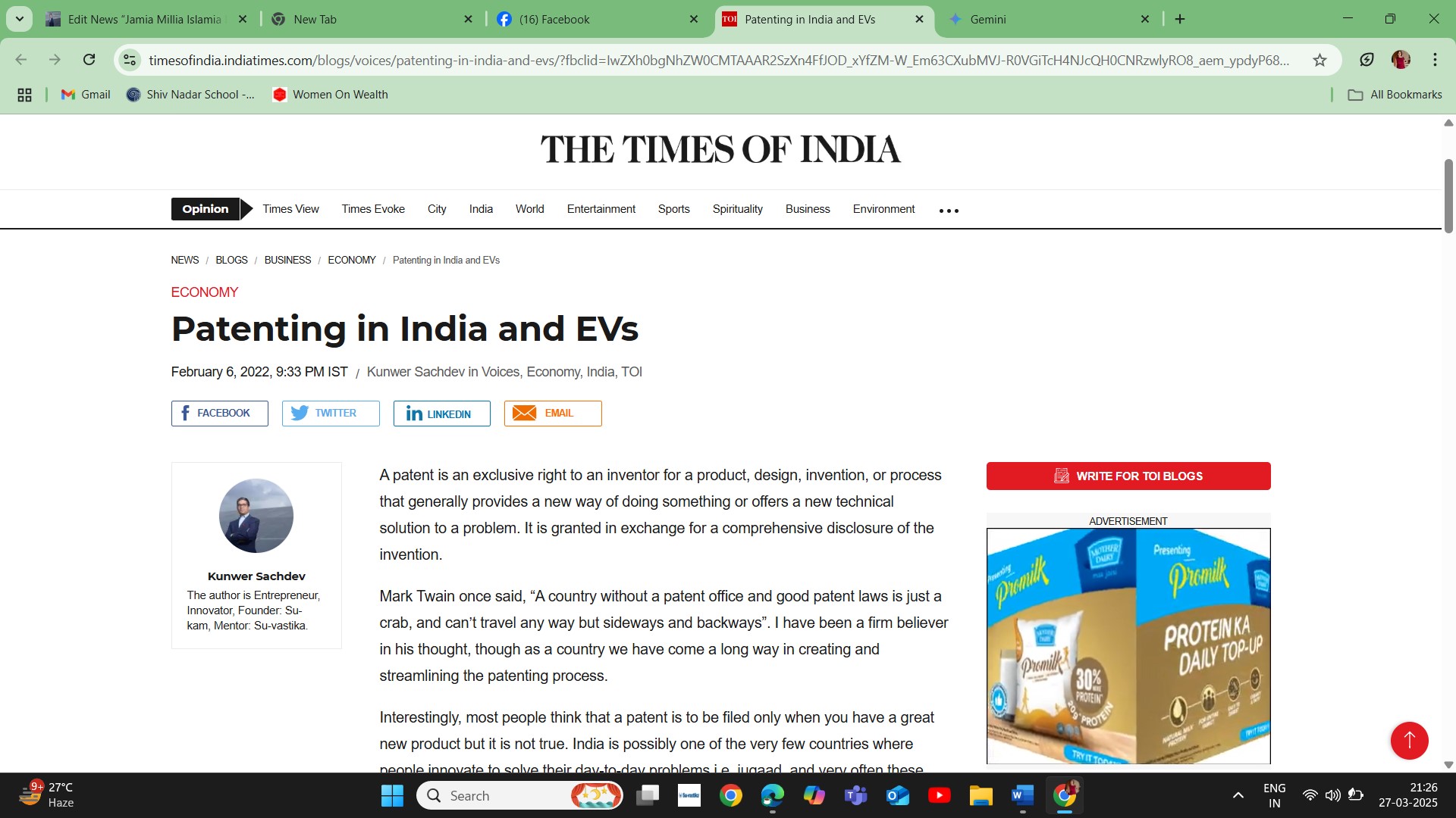 Times of India blog by Kunwer Sachdev