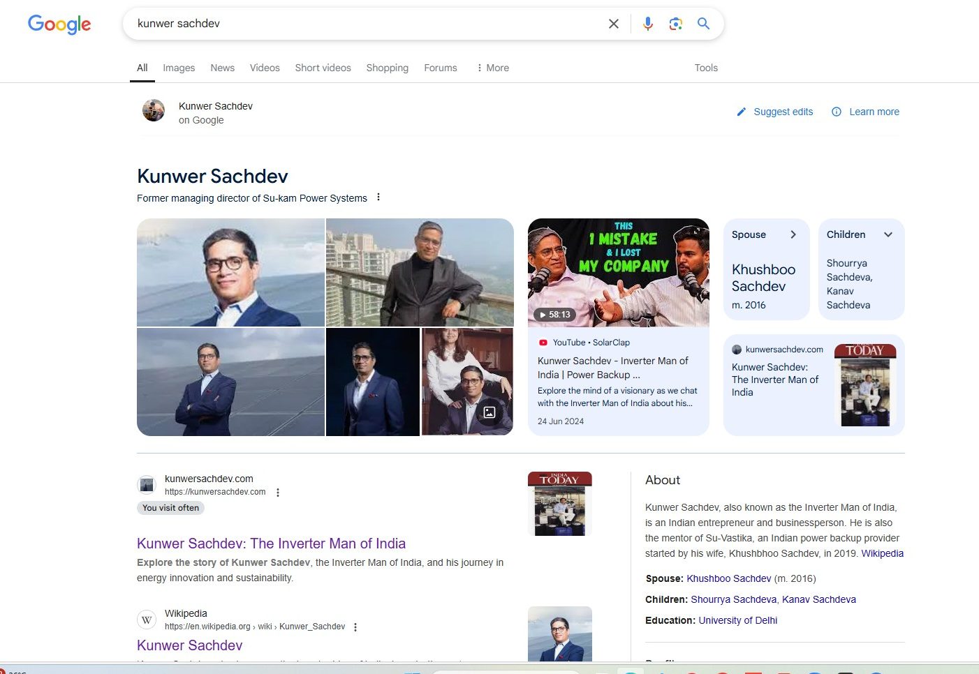 Google search for Kunwer Sachdev founder Su-kam