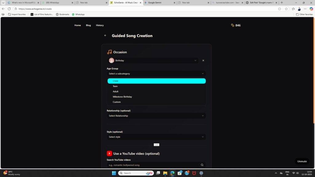 the custom area of Echogenie.in the song making AI app