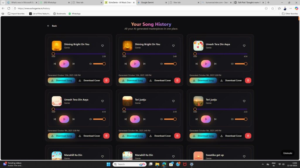 the history of songs created in Echogenie.in