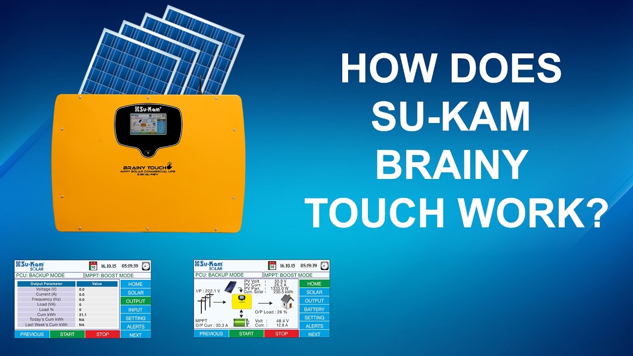Su-Kam Brainy Touch UI — live solar, battery, load and MPPT readings on the touch-screen display