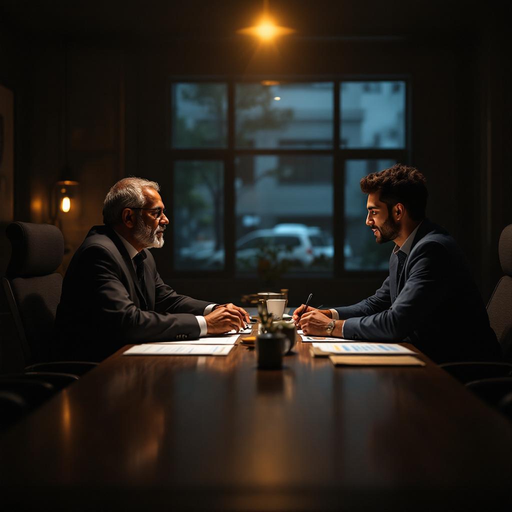 Indian mentor and founder reviewing a pitch deck in a boardroom