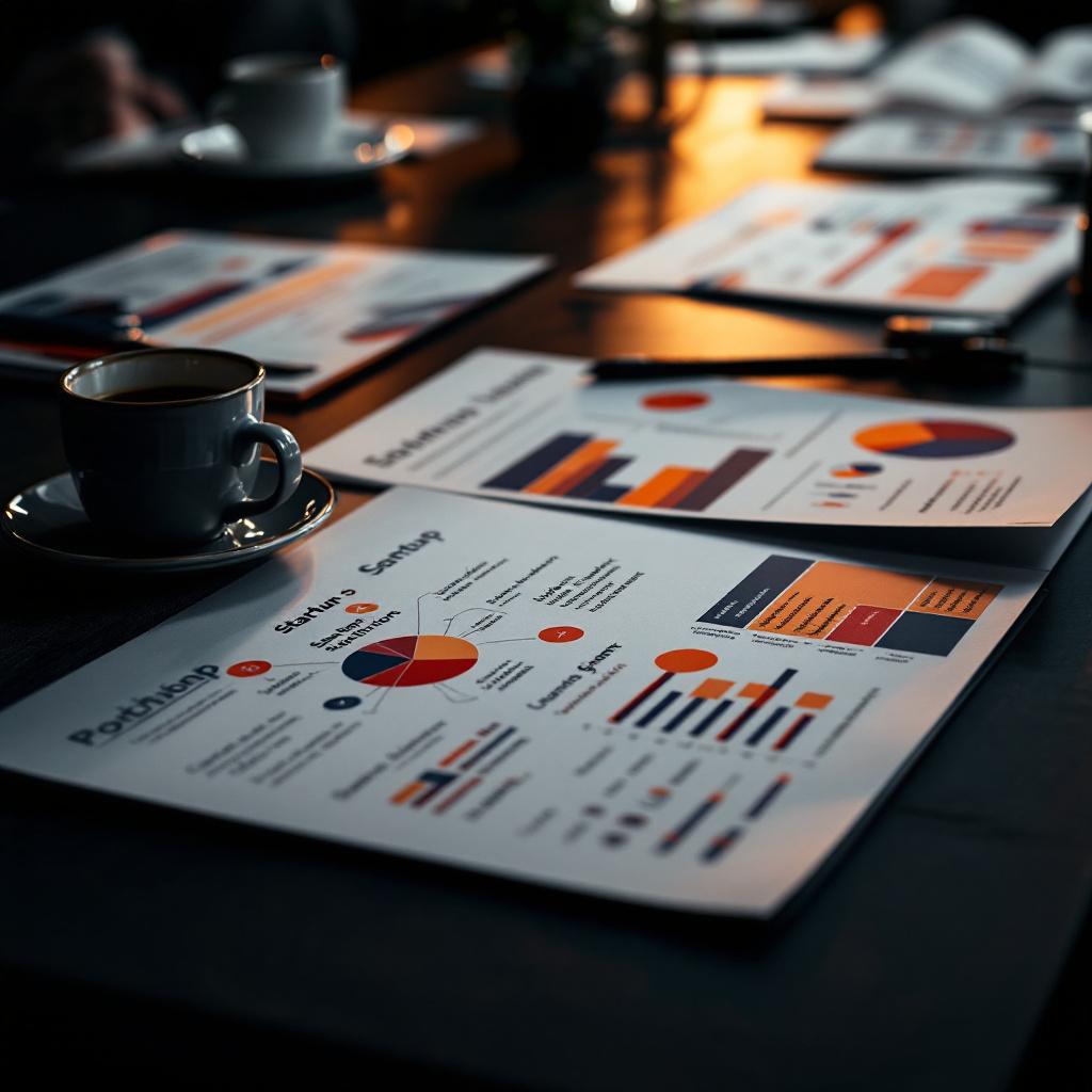 Annotated startup pitch deck on a boardroom table with handwritten notes