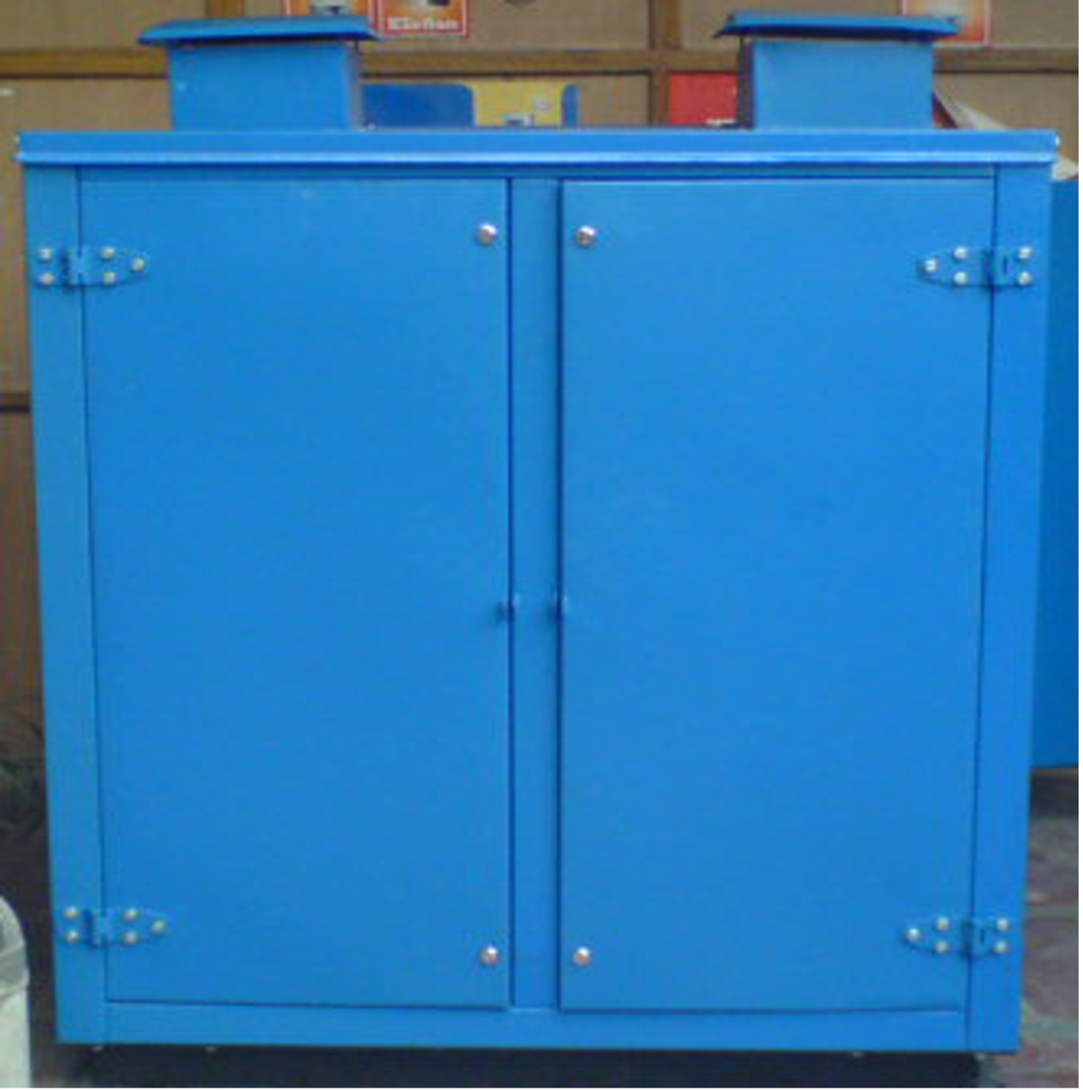 Blue outdoor cabinet of the Su-Kam power backup installation for Bharti Walmart Easyday stores