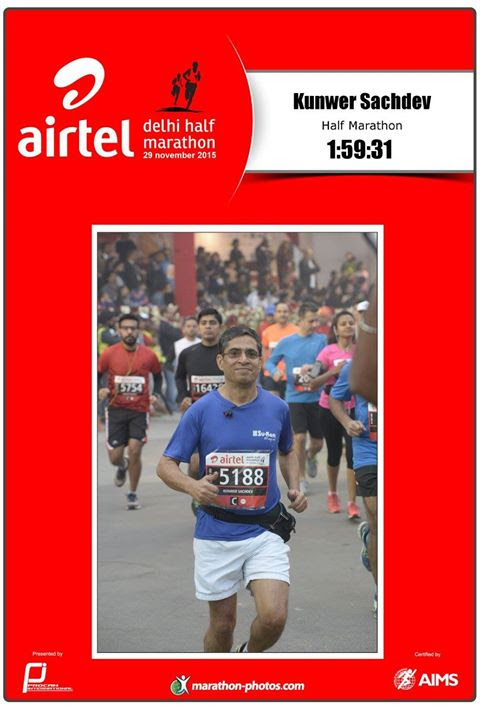 Official Airtel Delhi Half Marathon finisher card: Kunwer Sachdev, Half Marathon, 1:59:31