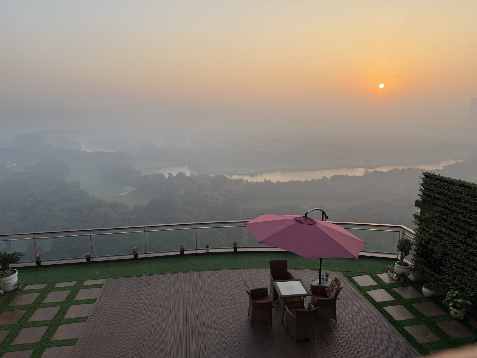 Sunrise over the golf course from the terrace of Kunwer Sachdev’s Gurgaon home