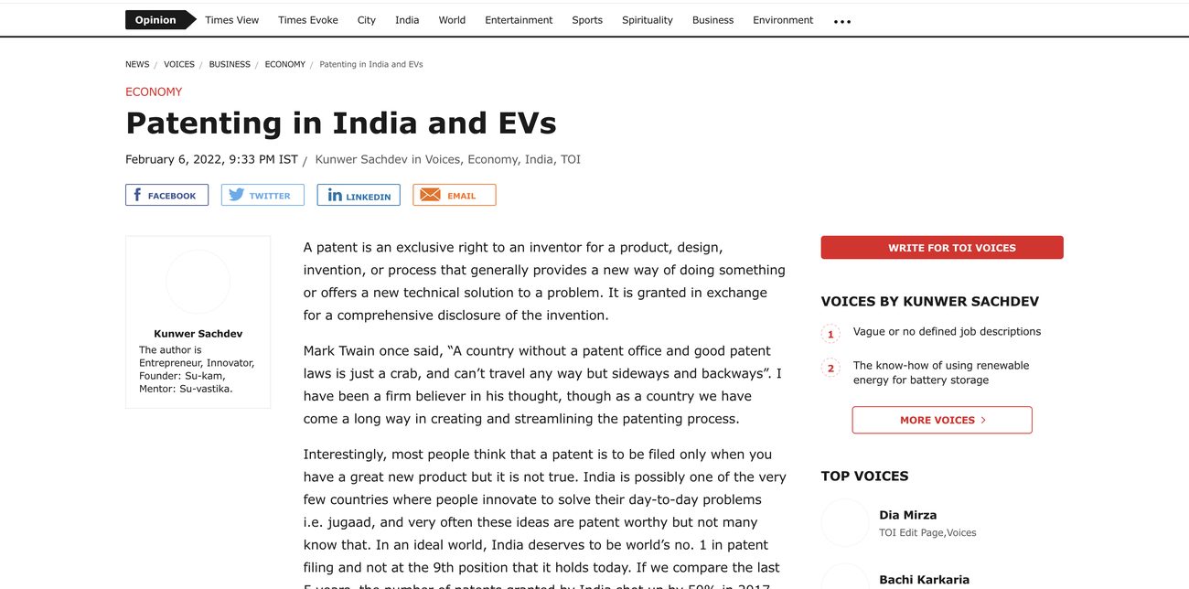 Patenting in India and EVs, an opinion column by Kunwer Sachdev in the Times of India