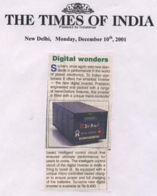 Times of India December 10 2001 - Digital Wonders article about Su-Kam digital inverter at Rs 9400