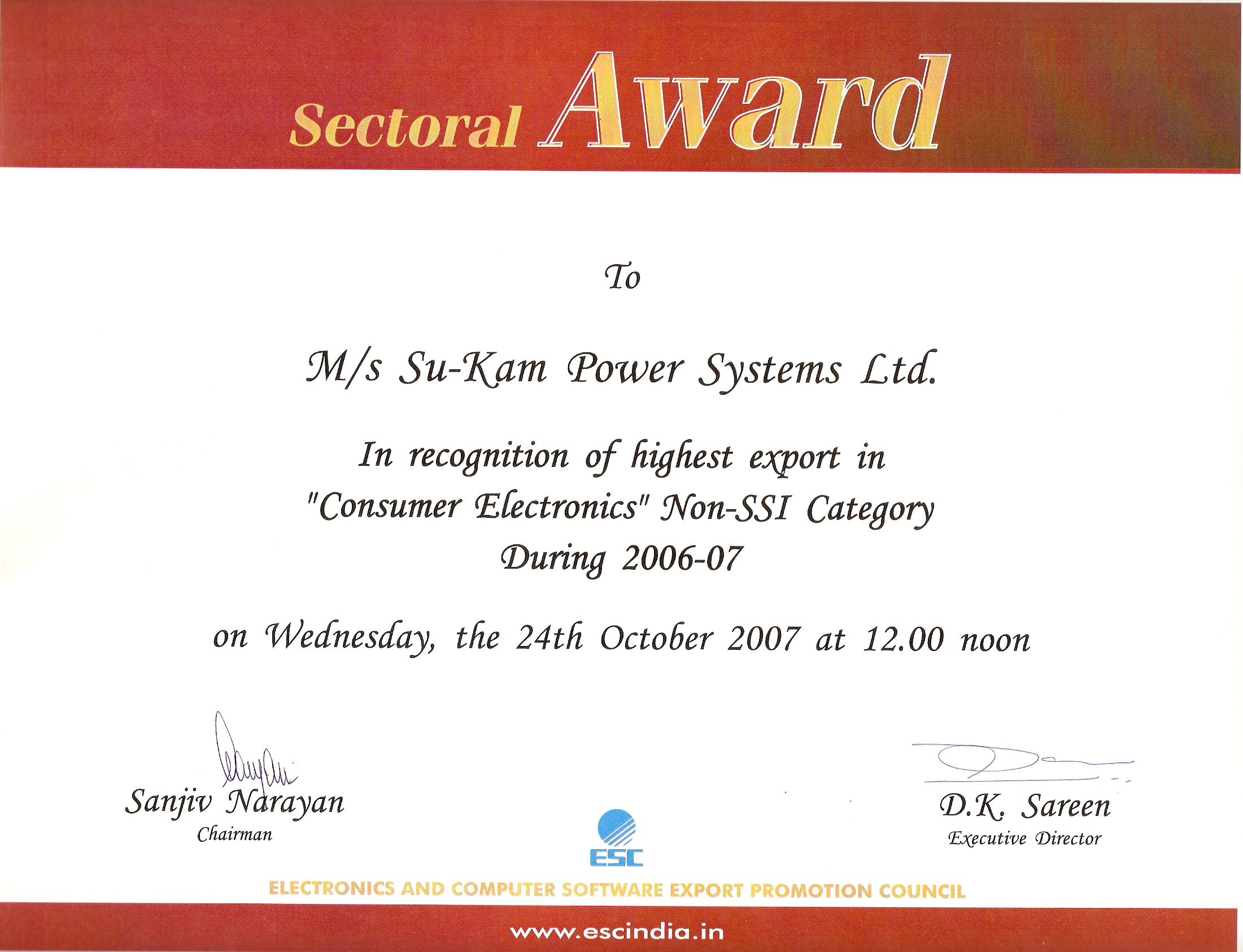 ESC Sectoral Award Certificate