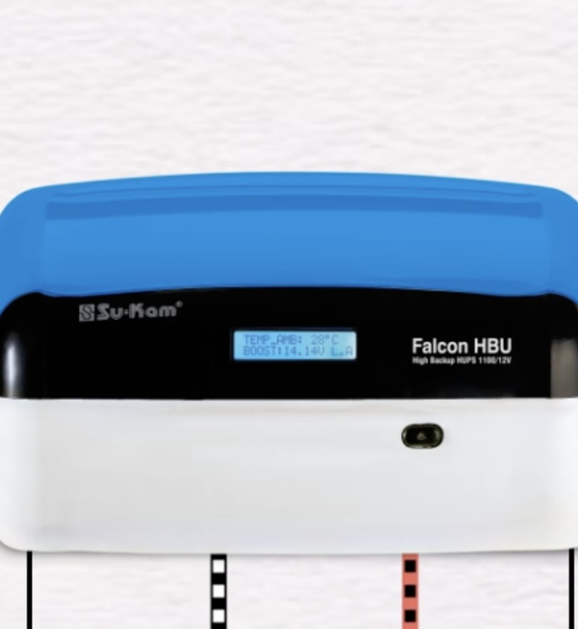 Su-Kam Falcon HBU high-frequency inverter with its rounded blue, black and white plastic body and LCD display