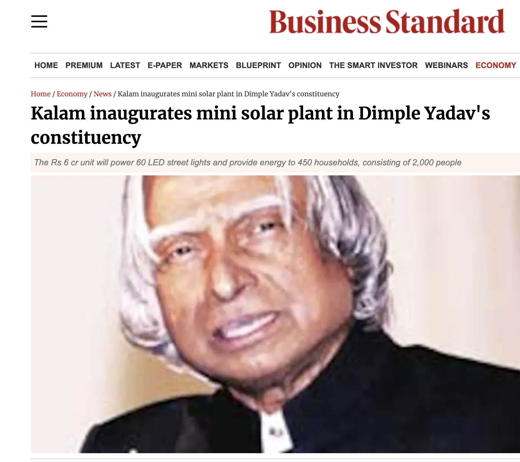Business Standard: Kalam inaugurates mini solar plant in Dimple Yadavs constituency