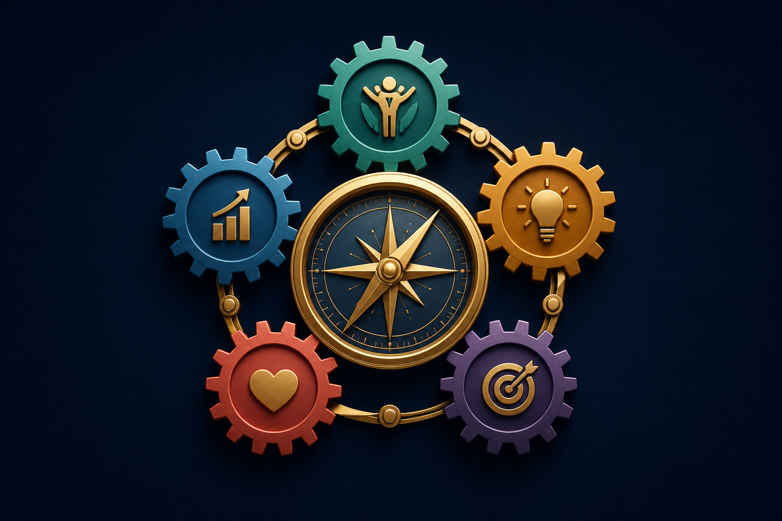 Compass surrounded by five interconnected gears