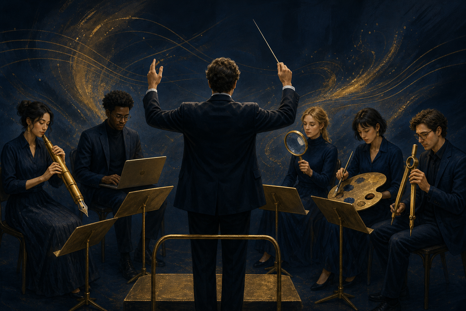 Conductor leading five musicians — each AI with a different strength