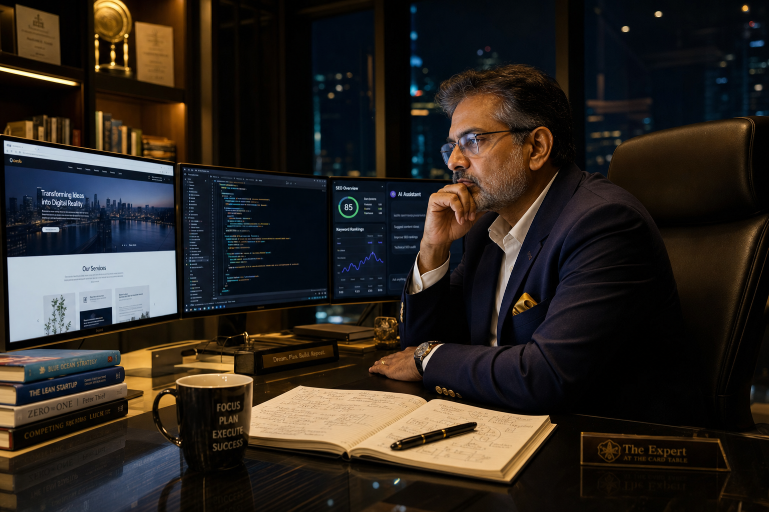Founder reflecting late at night after repairing his website