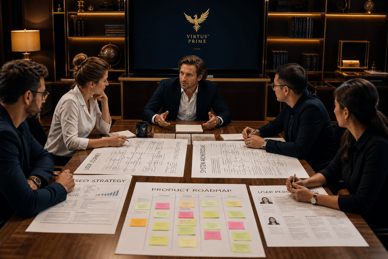 Five experts reviewing blueprints with the founder