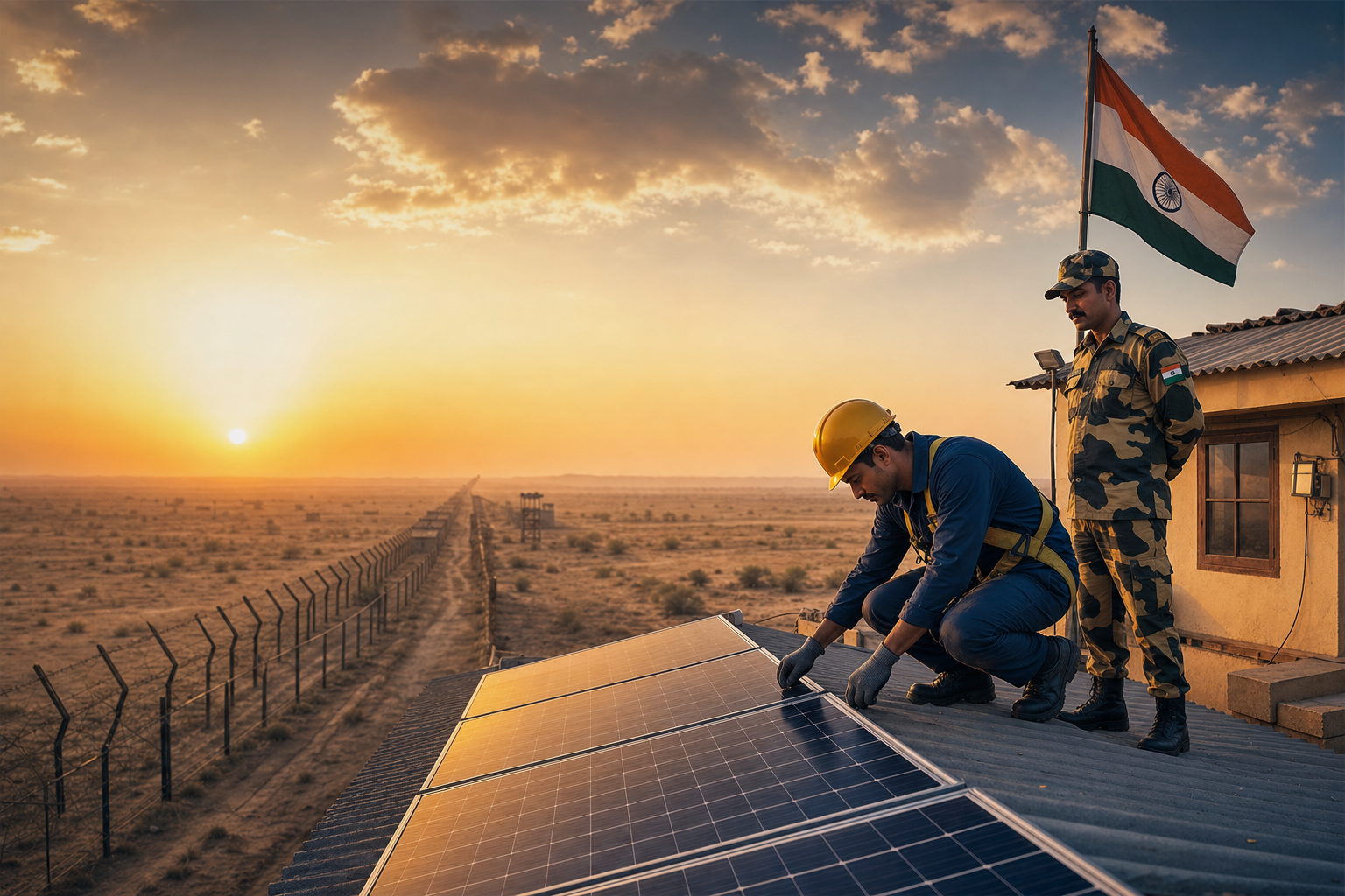 Solar installation at a remote border outpost in the Rajasthan desert