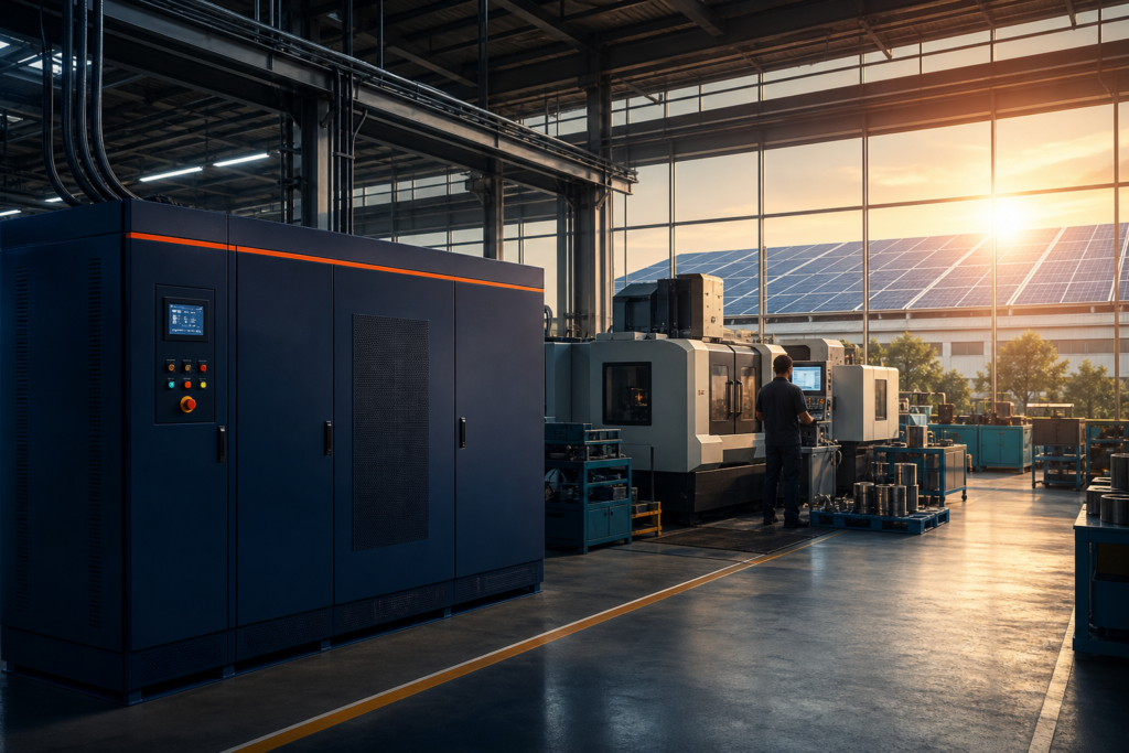 Su-Kam Colossal Solar PCU — three-phase industrial power plant running a factory on sunlight