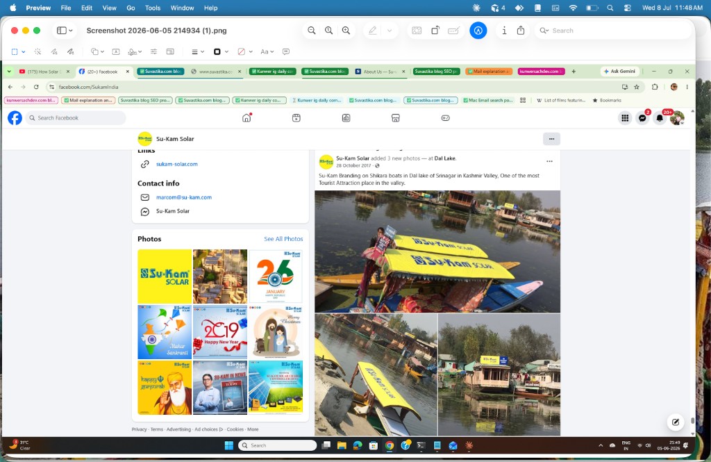 Su-Kam Solar Facebook post, October 2017 — branded shikara tripals on Dal Lake, Srinagar
