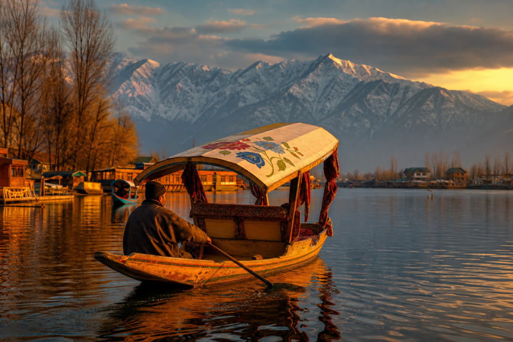 Shikara boats on Dal Lake Kashmir with Su-Kam branding and weather-resistant tripal covers