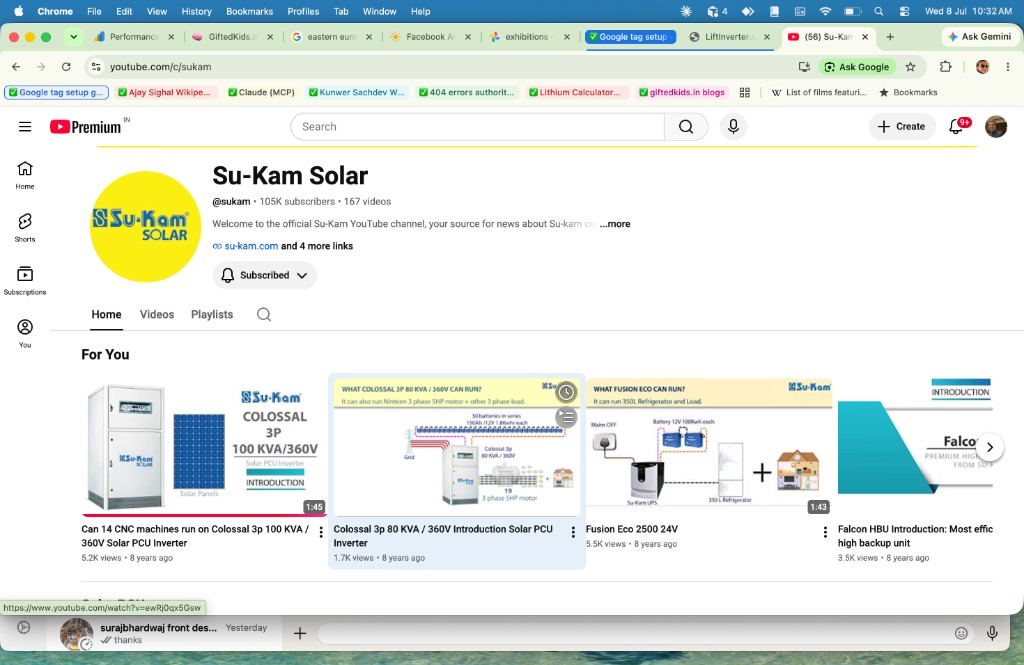Su-Kam Solar YouTube channel home page with product training playlists