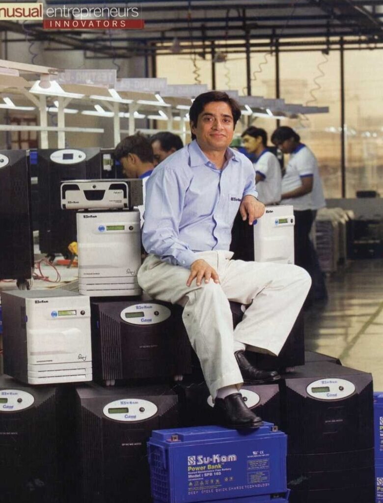 Kunwer Sachdev seated on a throne of Su-Kam inverters and batteries at the Gurgaon plant - India Today, 10 December 2008, photo by Bandeep Singh