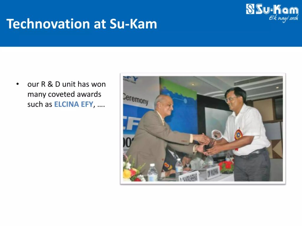 Technovations at Su-Kam 2012 SlideShare — ELCINA EFY award and Su-Kam innovation deck
