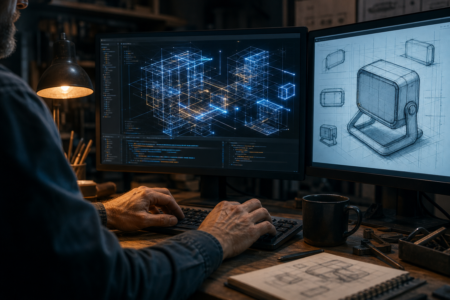 Hands coding in a workshop of light — metaphor for IDE-native AI builders