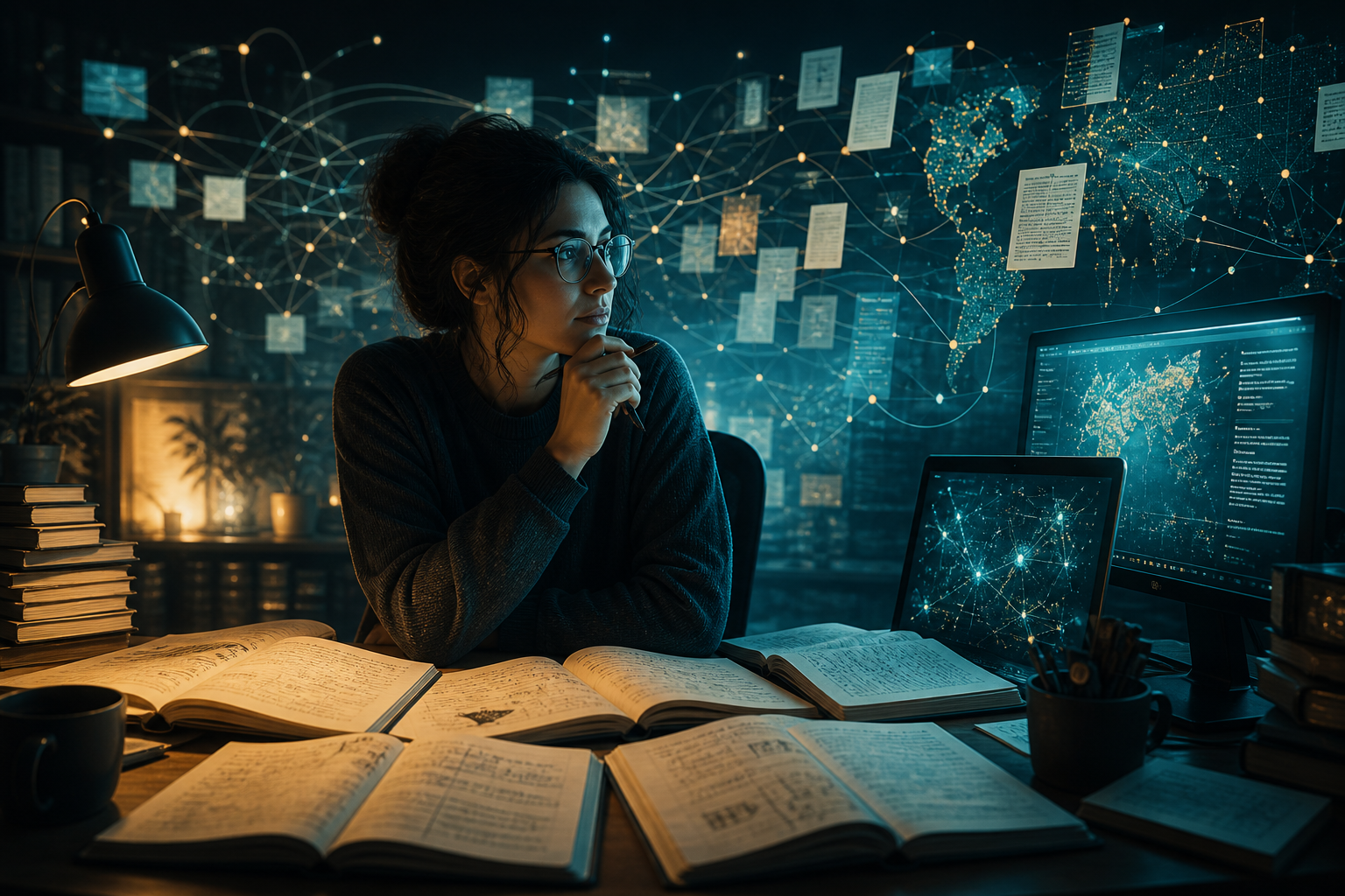 A research desk with glowing knowledge trails — metaphor for citation-first AI