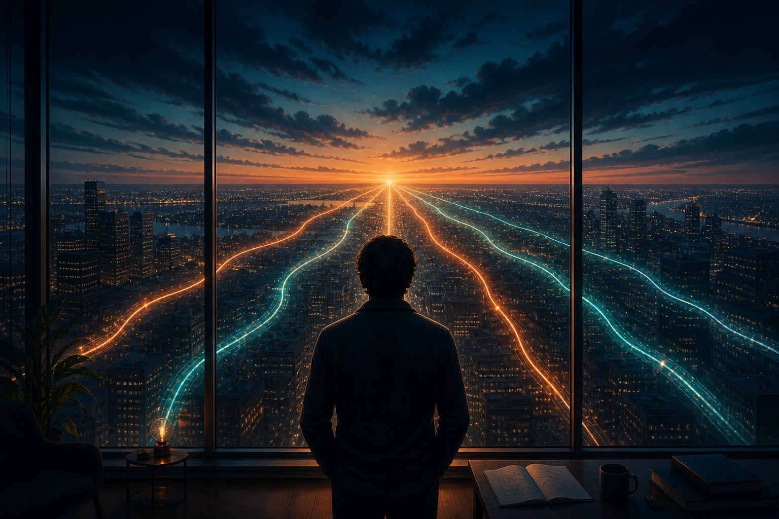 Seven light paths converging toward one horizon — assemble an AI team, don’t marry one model