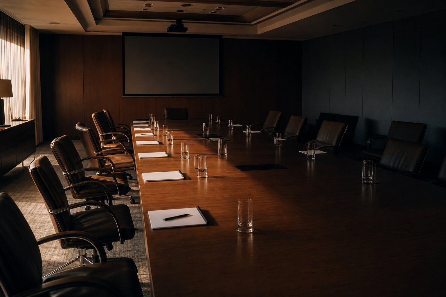 Illustration of an empty creditors’ boardroom, chairs pushed back, blank screen — no vote chart, no percentages on the wall