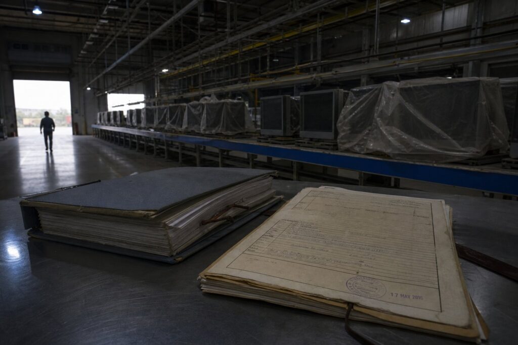 Illustration of an idle electronics factory with plastic-covered sets on the line and a thick court file on a steel bench