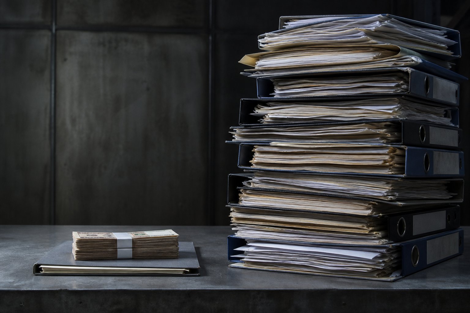 Illustration of a thin remainder stack beside a tall pile of claim files — not a chart, not a percentage graphic