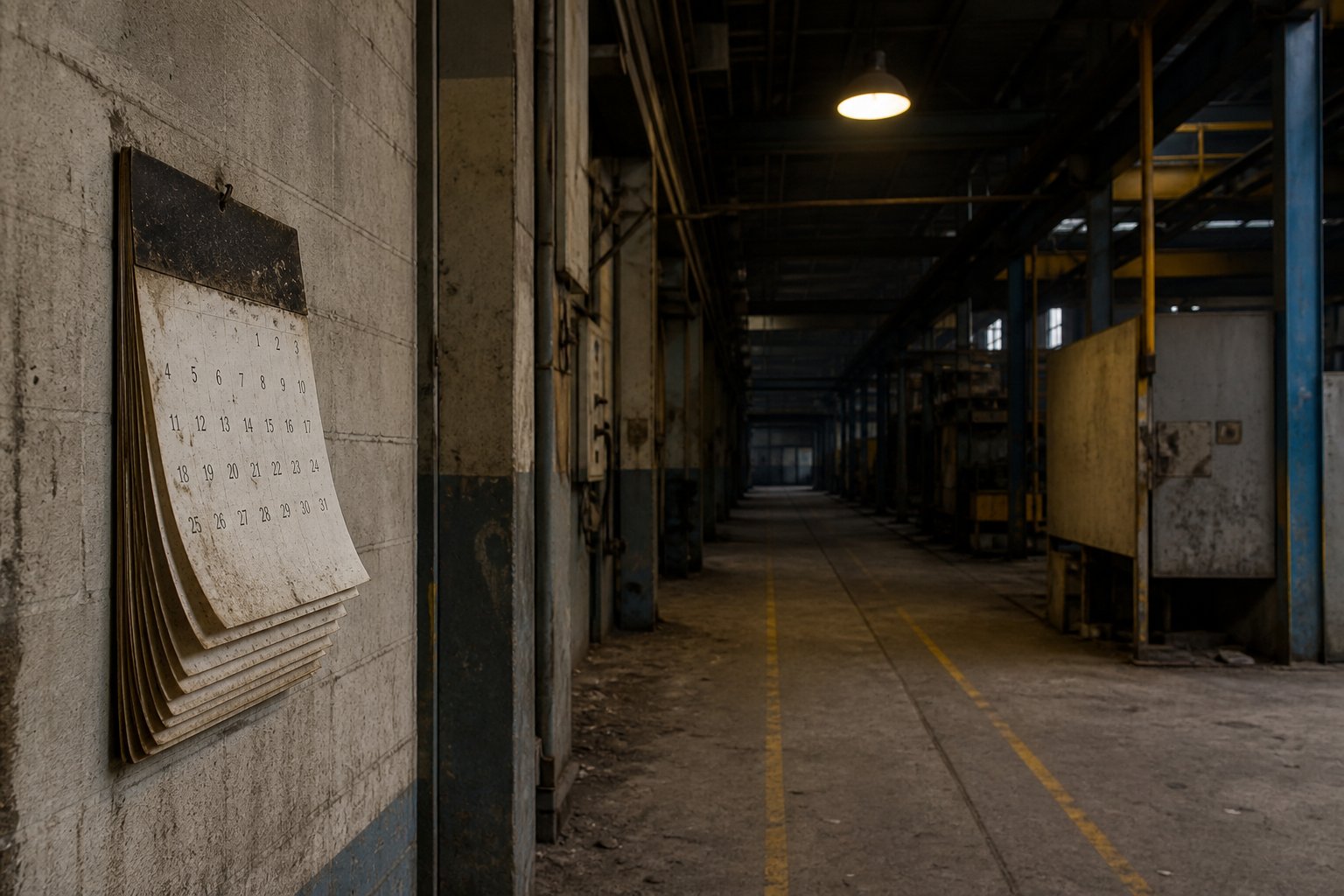 Illustration of a yellowed wall calendar in a dark factory aisle — time passing while machines sit idle, not a 330-day infographic