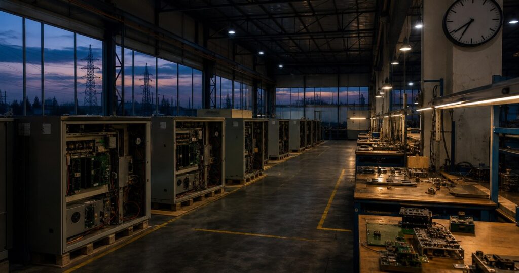 Empty inverter factory floor at dusk — Manufacturing Mirage series hub