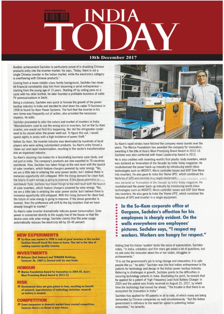 India Today, 18 December 2017 — Su-Kam as a going manufacturer