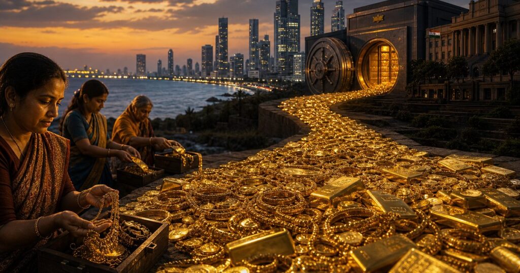 India gold deposit scheme: household jewellery flowing into national gold vaults, Mumbai skyline