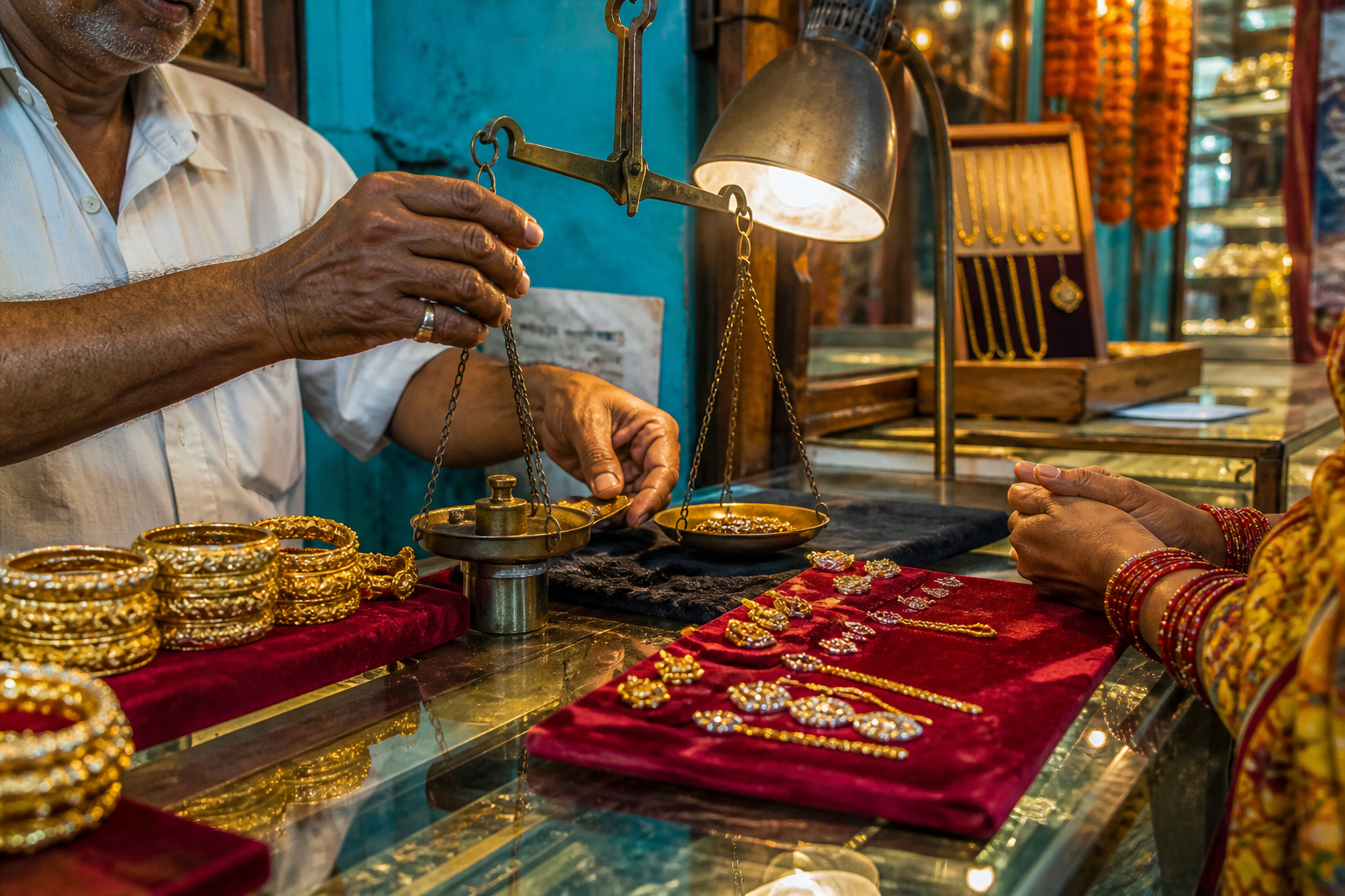 India gold deposit scheme: jeweller weighing family gold for a deposit