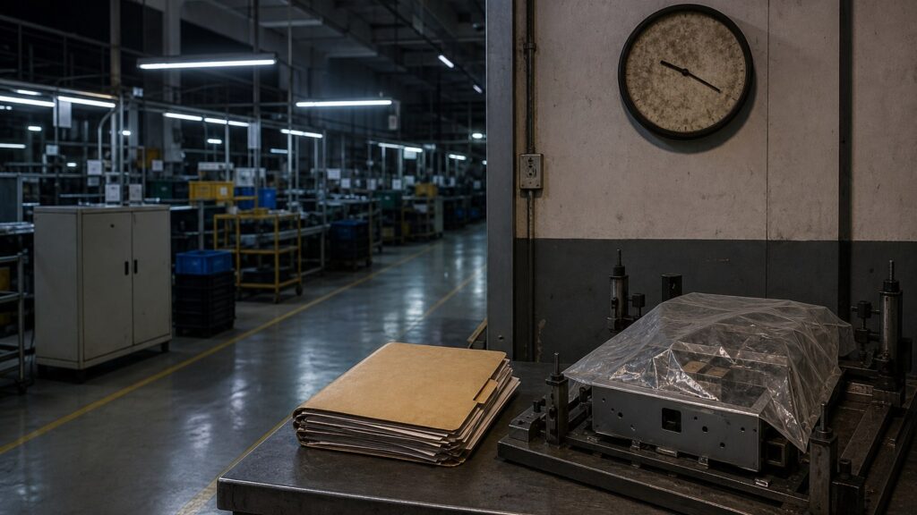 Illustration of a dusty factory clock over a silent assembly jig and a court file — two clocks, no chart