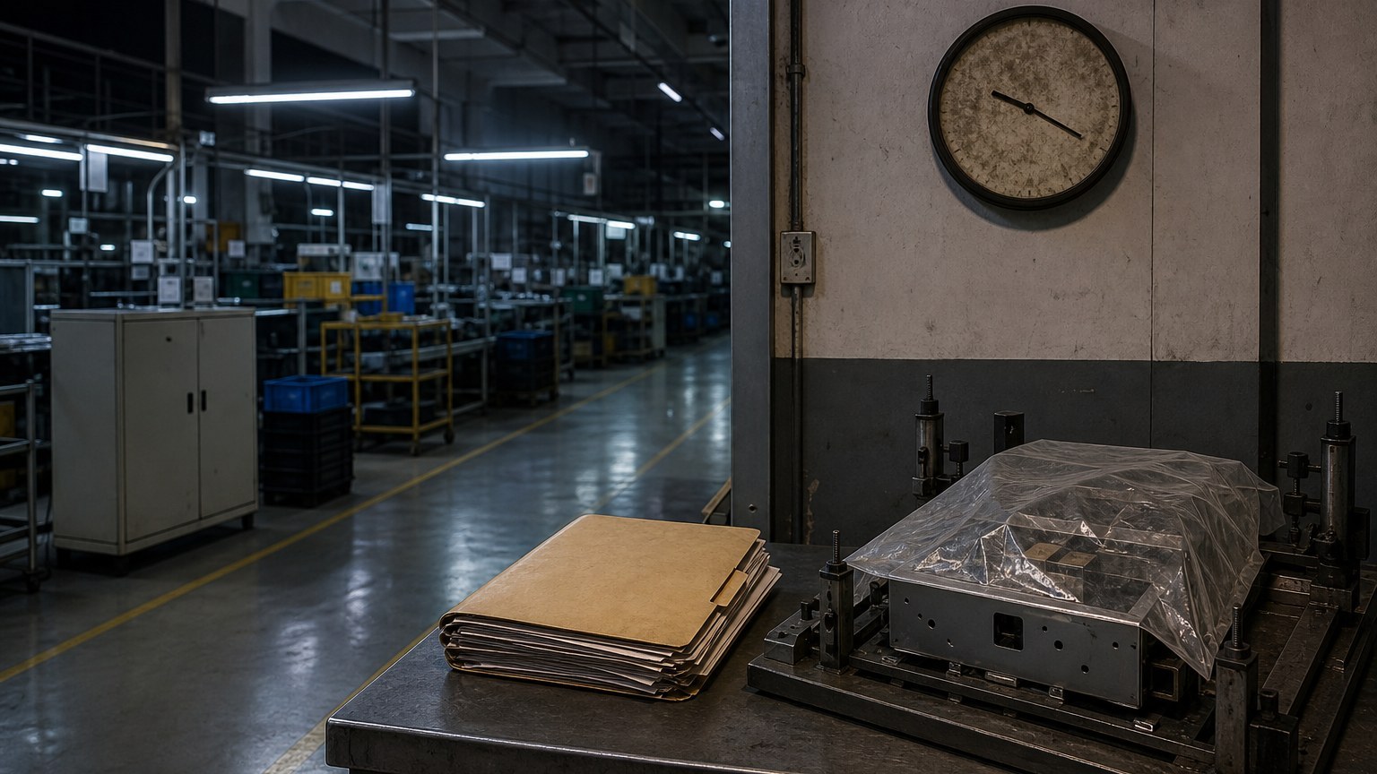 Illustration of a dusty factory clock over a silent assembly jig and a court file — two clocks, no chart