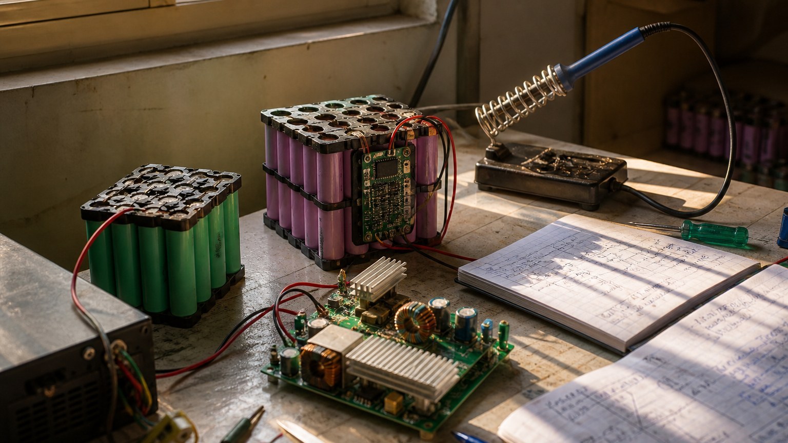 Illustration of a small electronics workbench with unmarked boards and cells, warm light, no people, no UI