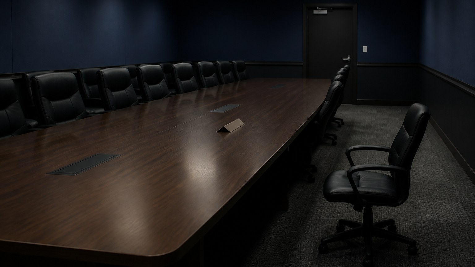 Illustration of an empty chair pulled back from a long creditors’ table, blank nameplate face-down, no people