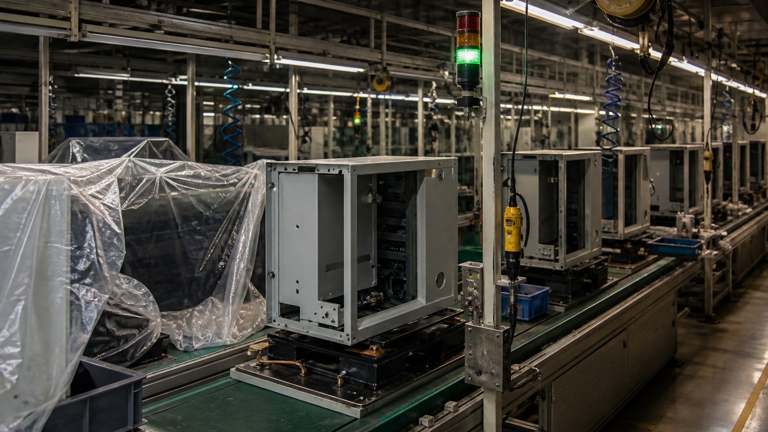 Illustration of a still-powered electronics assembly line, lights on, generic chassis on jigs, no brand marks