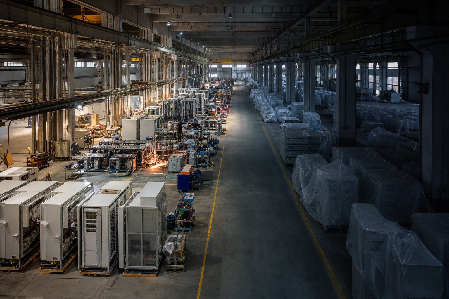 Illustration of an inverter factory floor from above — one side still working, the other idle under plastic sheeting